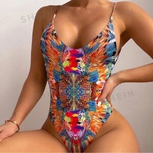SHEIN Multicolored Print Low Back One Piece Swimsuit Size XL Beach Vacation
